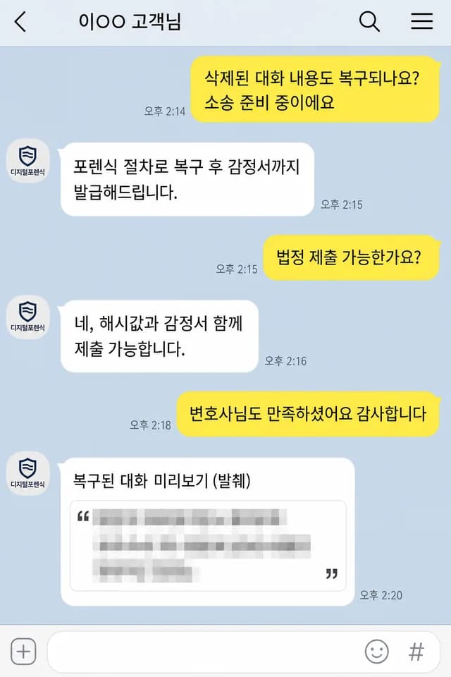 카카오톡 후기 - 삭제 대화 복구 감정서